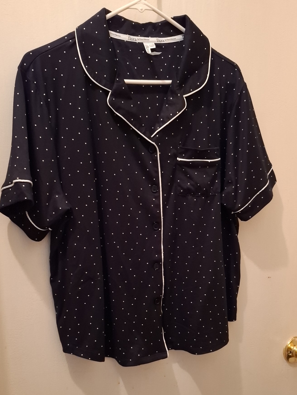 Flora Nikrooz Navy Polka Dot Short Sleeve Pajama Top with White Piping